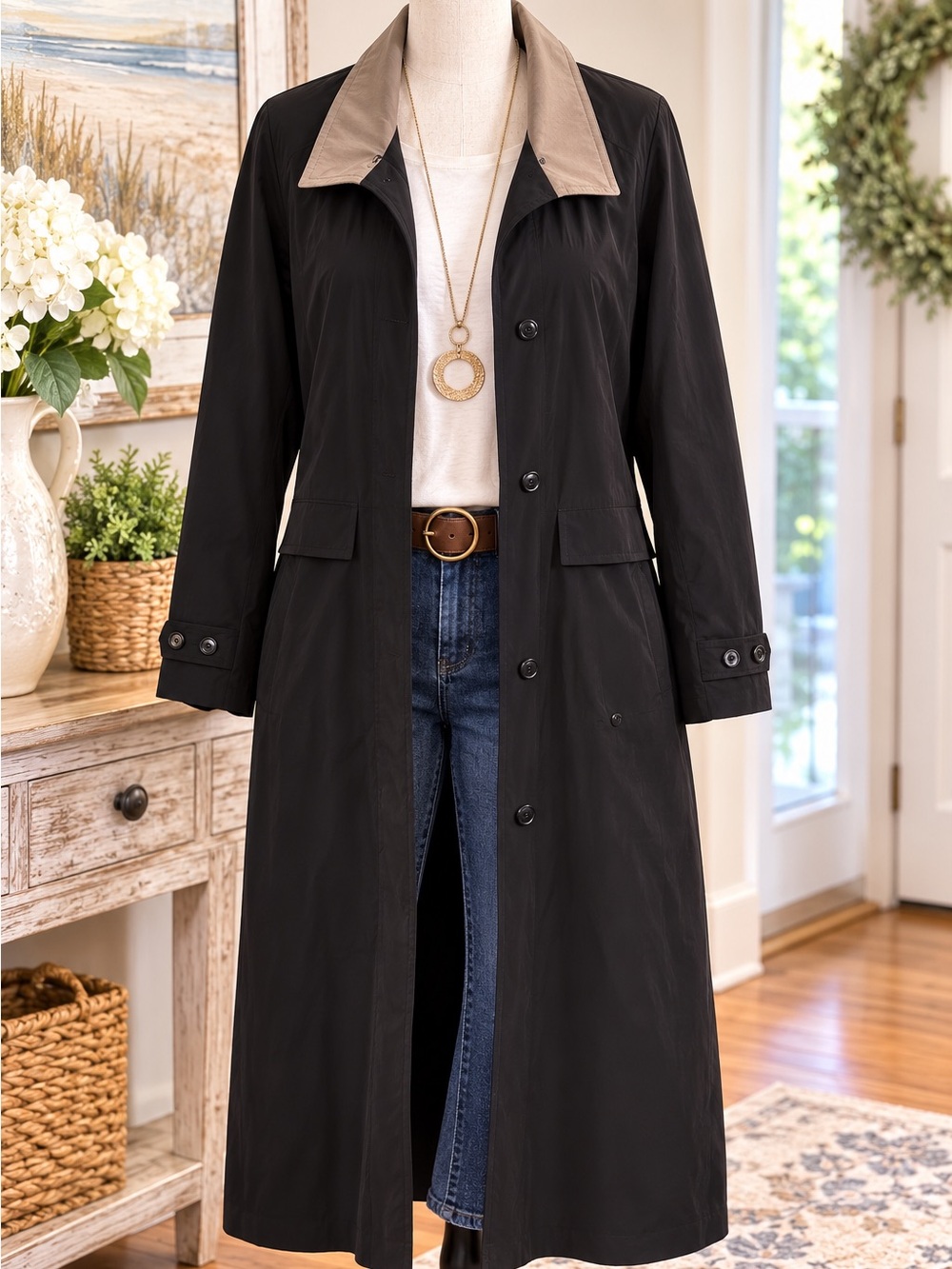 Fleet Street Black Trench Coat Women’s 16P – Long Classic Rain Coat